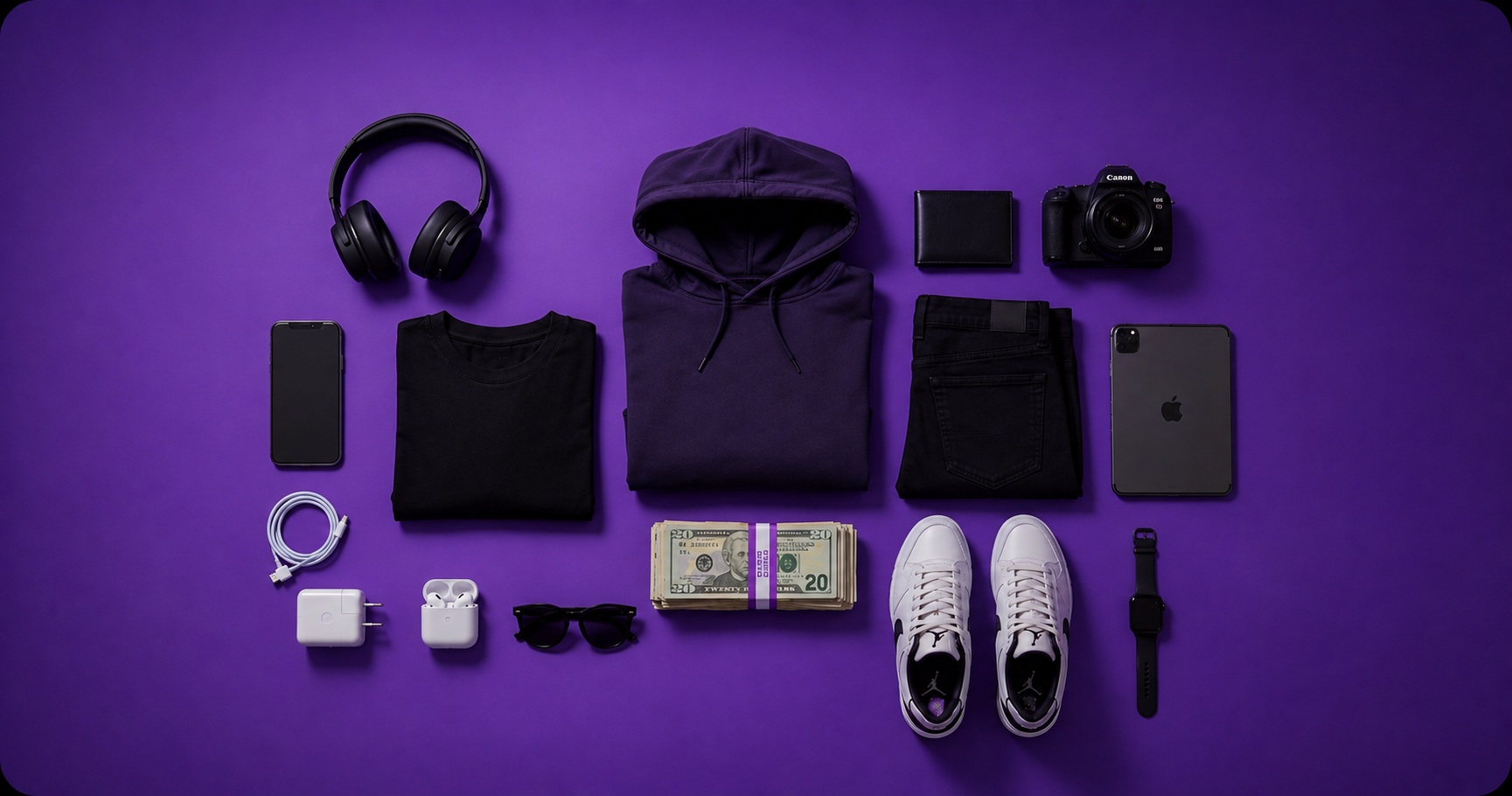 Hands holding a phone running the Souq marketplace app on a purple backdrop